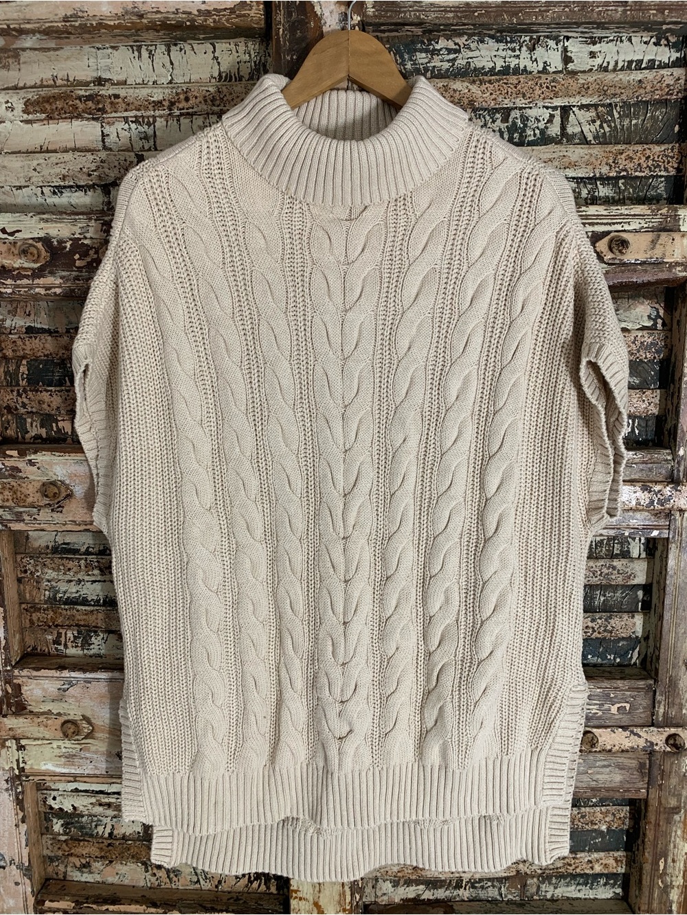 Pact 100% Organic Cotton Cream Cable Knit Turtleneck Poncho Pullover Sweater M/L